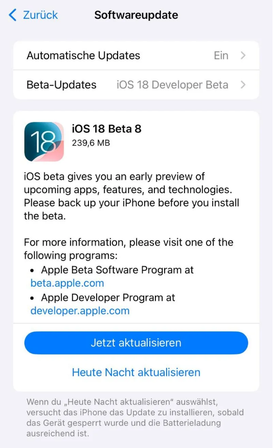 晋江苹果手机维修分享苹果 iOS / iPadOS 18 开发者预览版 Beta 8 发布 